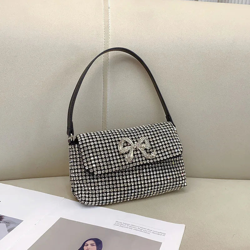 Full Rhinestone Bow Large Capacity Portable Personalized Banquet Diamond Flip Small Square Bag Underarm Crossbody