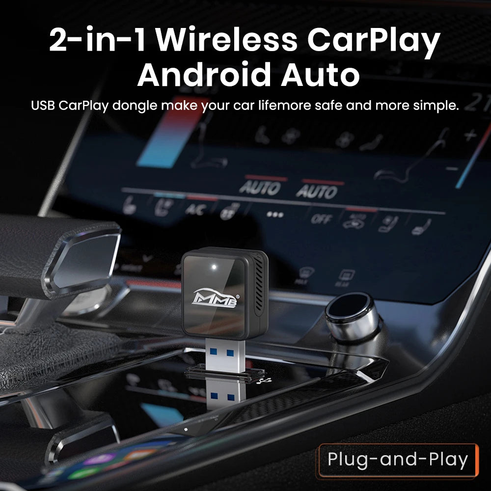 MMB Mini 2in1 Wireless CarPlay Adapter Android Auto Dongle Wifi BT5 USB Plug and Play Wired to Wireless Connection Universal Car