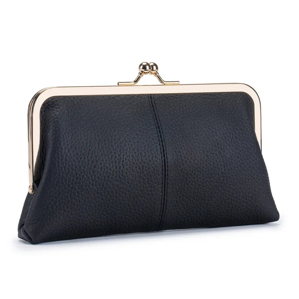 Vintage Genuine Leather Clutch Purses for Women Small Evening Bag with Kiss Lock Closure Metal Frame Long Large Clutch Wallet
