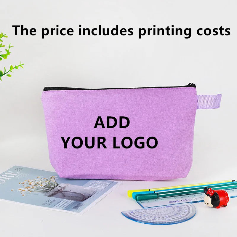 20/30/50/100bags/lot Customized Logo Colored Canvas Makeup Bag, Women's Handbag, Student Pencil Case 25x13x4.5cm