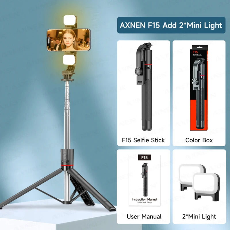 AXNEN F15 Extendable Selfie Stick Tripod 1717mm Stand for Cell Phone Removable Bluetooth Remote 360° Rotation Fill Light Option