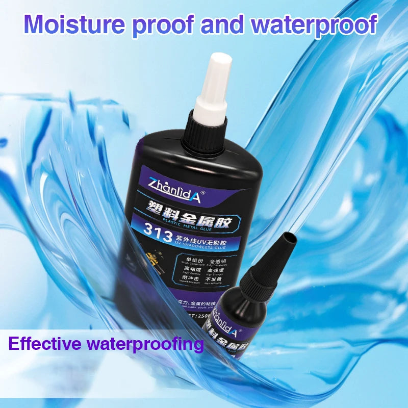 UV Shadowless Glue For Plastic Metal Crystal Clear Traceless 313 Super Glue Adhesive Bonded Acrylic Decorate Trophie Fast Curing