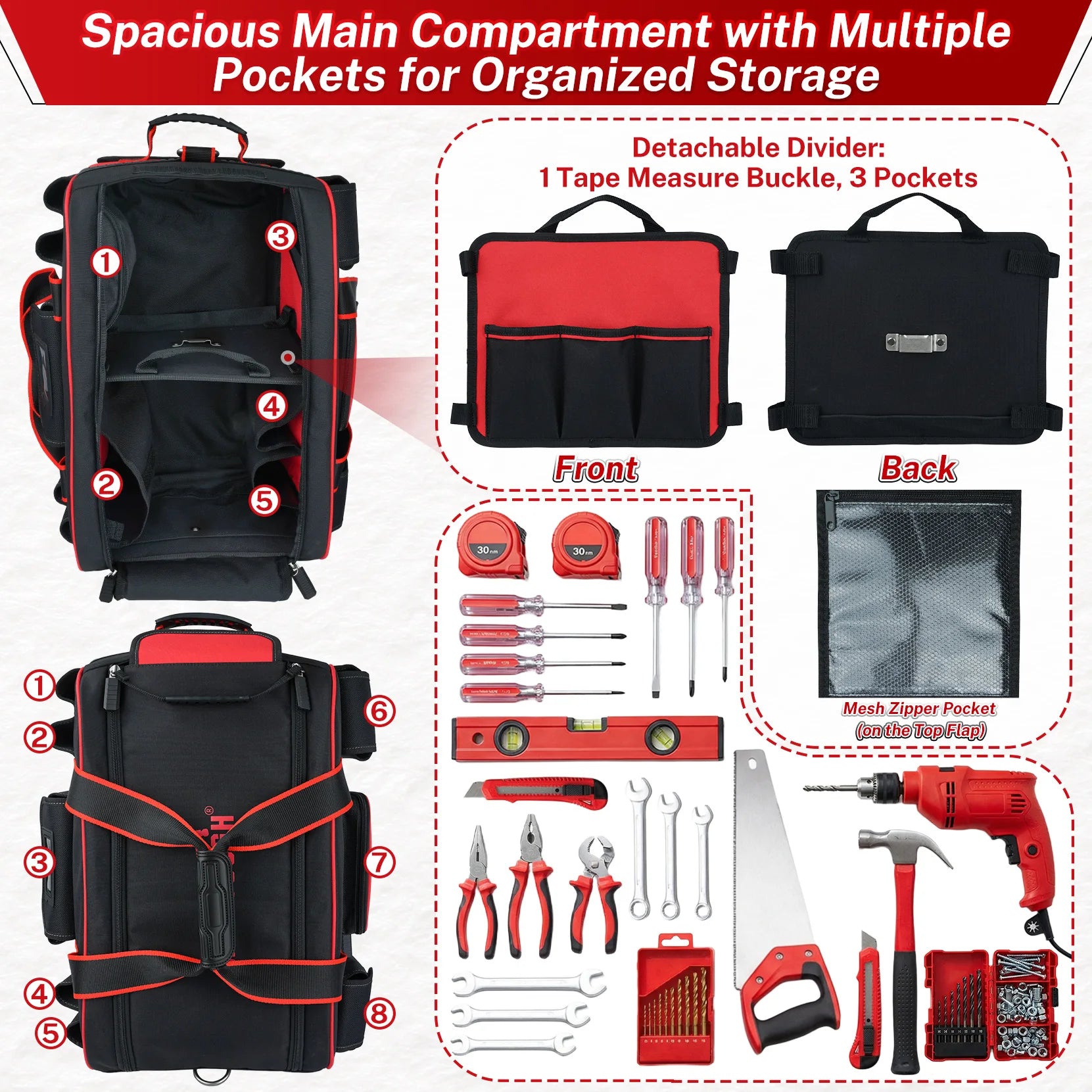 Rolling Tool Bag with Wheels – Heavy Duty Multi-Pocket Telescoping Handle Organizer / Sac à outils à roulettes – Grande capacité poignée télescopique multi-poches