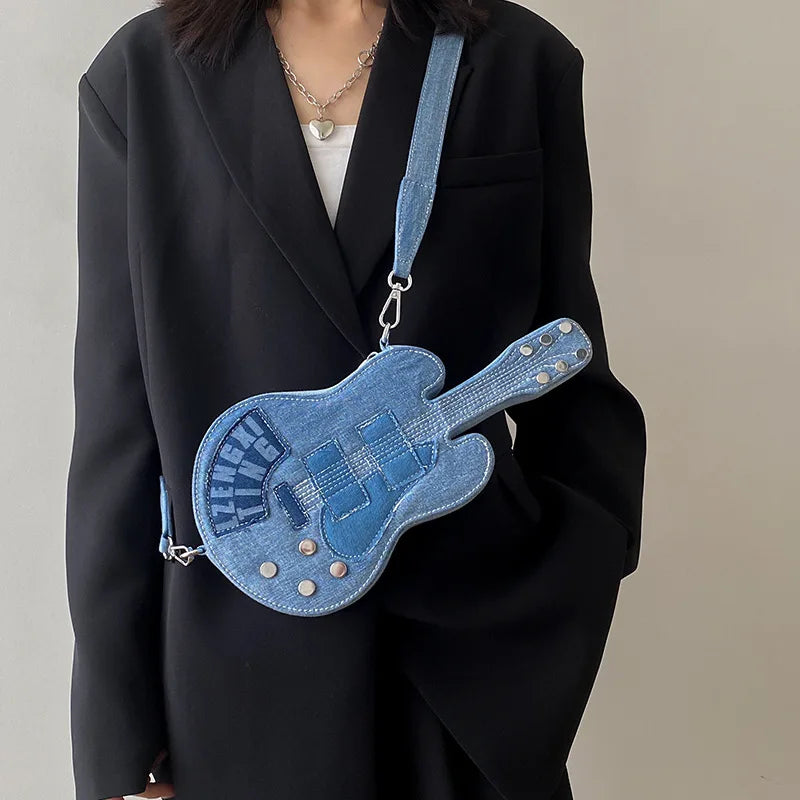 Export New Arrival Denim Guitar Bag, Indie Rock Grunge Shoulder Bag, Niche Fashion Statement, Instagram-Ready Unisex Purse