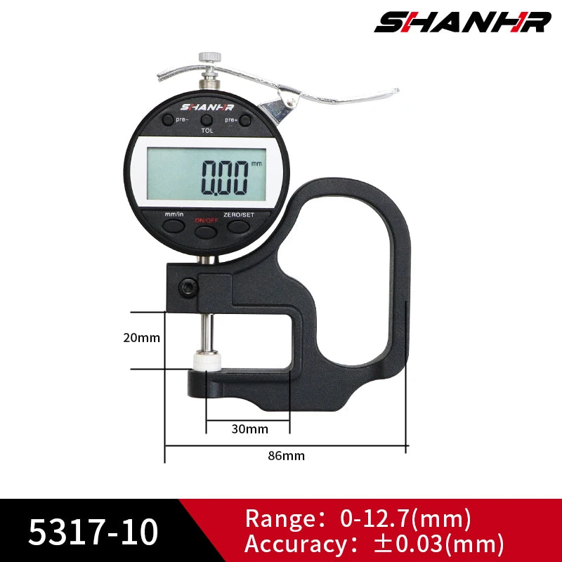 SHANHR Digital Thickness Gauge 0-10/0-25 mm, 0.01 mm Precision Measuring Tool for Leather and Glass