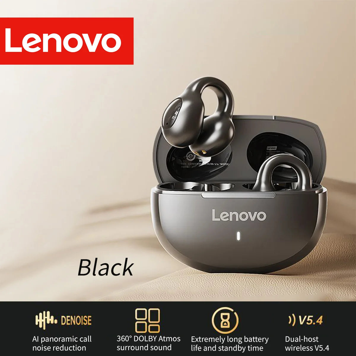 Lenovo Active Noise Cancelling Anc Wireless Clip-On Sport Earbuds Hi-Fi Bt 5.4 Long Battery Life Ergonomic Design for Workout