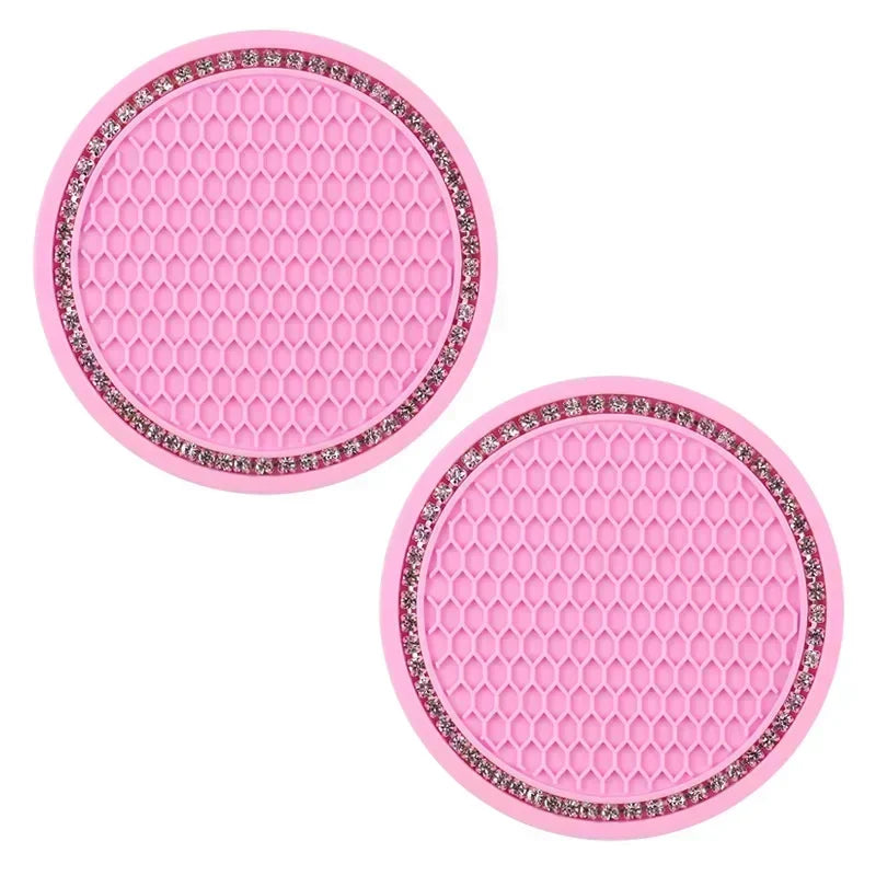 Car Coasters, Universal 2 Pcs Car Coasters for Women Bling Car Accessories, Silicone Anti Slip Crystal Car Cup Holde