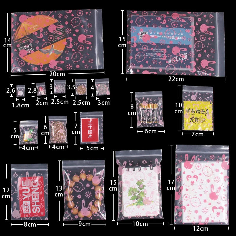 StoBag 100pcs Cartoon Transparent Mini Zipper Plastic Bags Small Sealing Jewelry Packaging Pouch Storage Waterproof Reusable