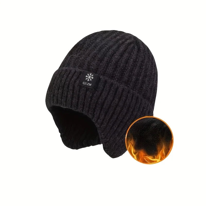Men's Winter Thermal Faux Fur Lined Beanie with Ear Flaps, Thicken Knitted Cap for Windproof Skiing, Hiking, Cycling Bomber Hats