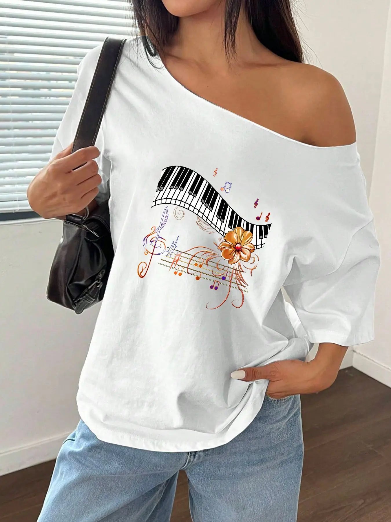 100% Cotton Plus Size Musical Piano Keys Flower Pattern Shoulder Loose Print T-Shirt Oversized Y2K Style Graphic Tees Women T