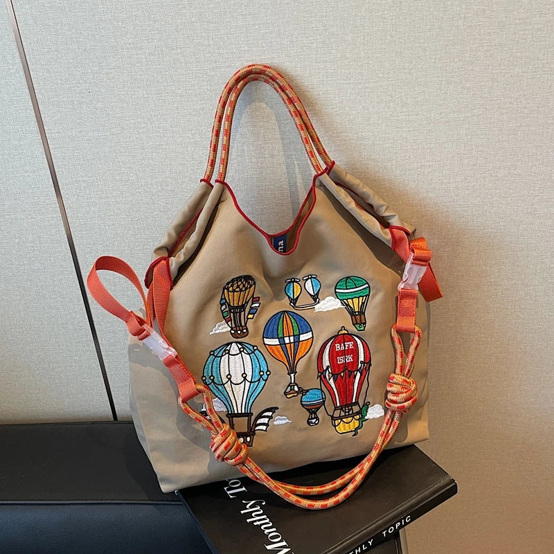 Fashion Embroidered Hot Air Balloon Pattern Large Capacity Lady Canvas Bag New Drawstring Shopping Handbag Thin Style Canvas Bag