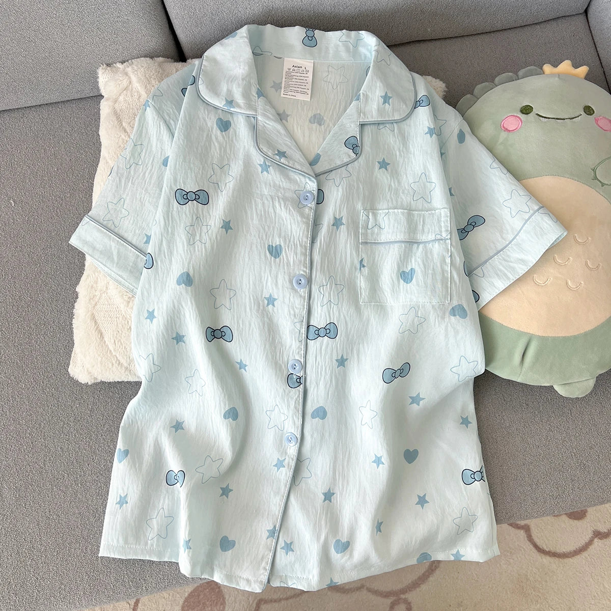 Women's Summer Thin Pajamas with Heart-Shaped Bow Pattern, Short-Sleeved Shorts, Sweet and Cute, Can Be Worn Outside in Summer, Two-Piece Home Wear Set
