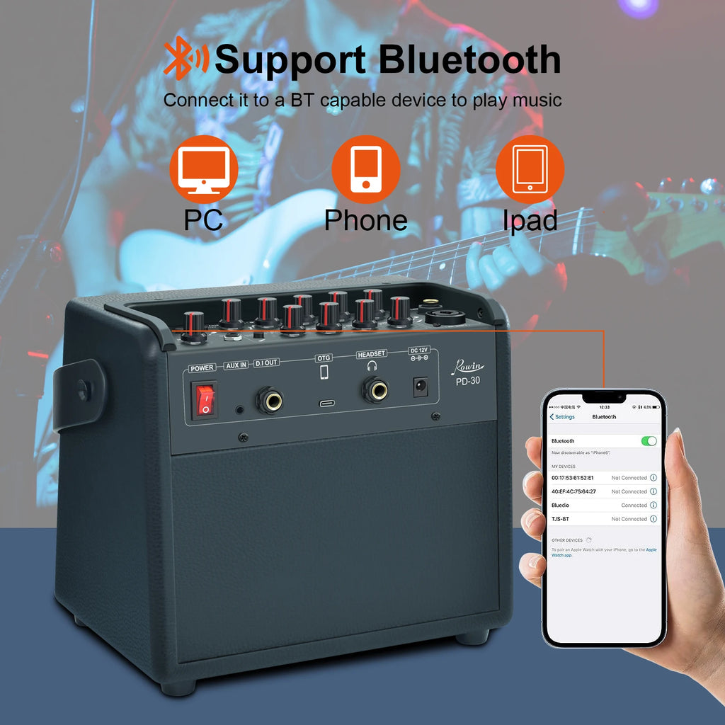 Rowin Acoustic Guitar Amplifier,30 Watt Bluetooth Speaker Rechargeable Battery Acoustic Guitar Amp with Reverb Chorus Effect