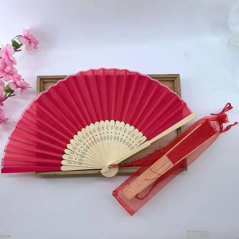 Chinese Style Folding Fan Wear Resist With Organza Bag Bamboo Hand Fan With Tassel Cooling Tool Silk Hand Fan Party Decoration