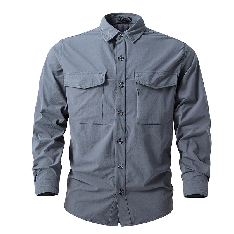 Men Long Sleeves Cargo Tactical Hiking Shirts Summer Outdoor Quick Dry Long Sleeve Shirts Breathable Hiking Work Cargo Shirts