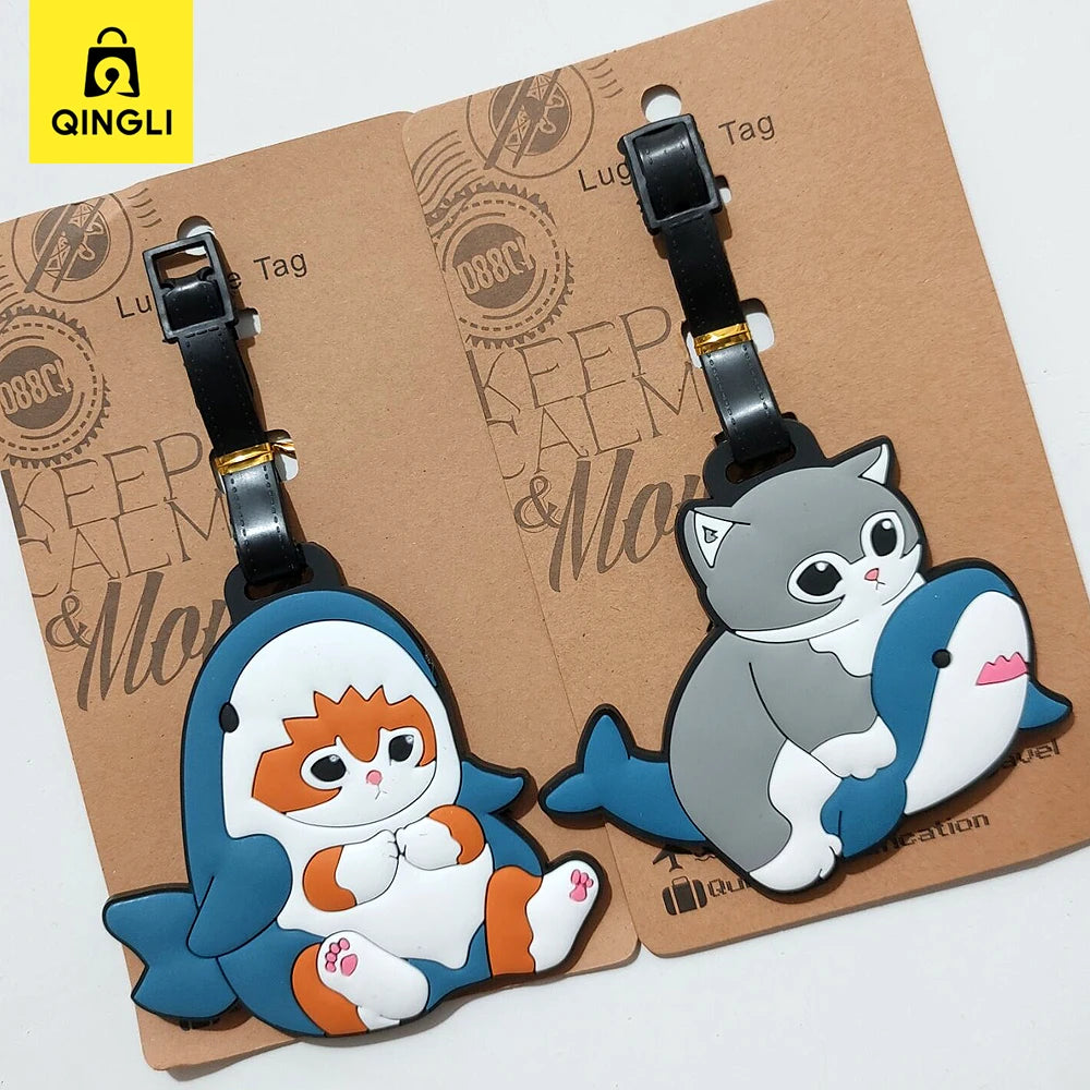 New Cute Shark Cat Luggage Tag Cartoon Anime PVC Bus Card Holder Cover Portable Travel Suitcase Label Antilost Address Card Tag