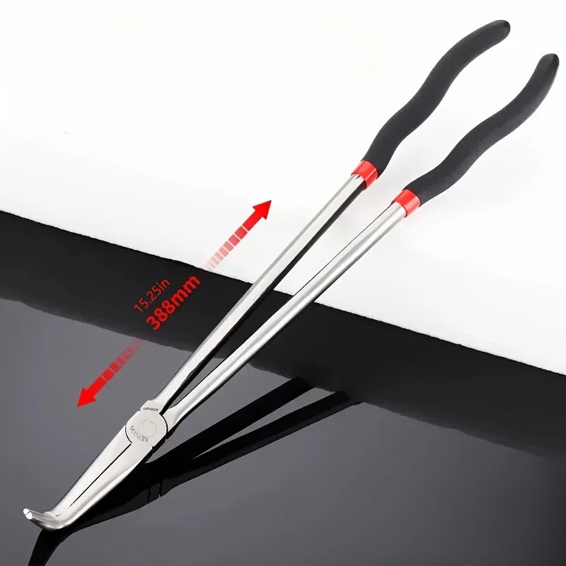 Damaly,16 Inch Long Nose Pliers - 25/45 Degree Curved Steel Needle Nose Pliers with Red Accents, Ergonomic Black Handles