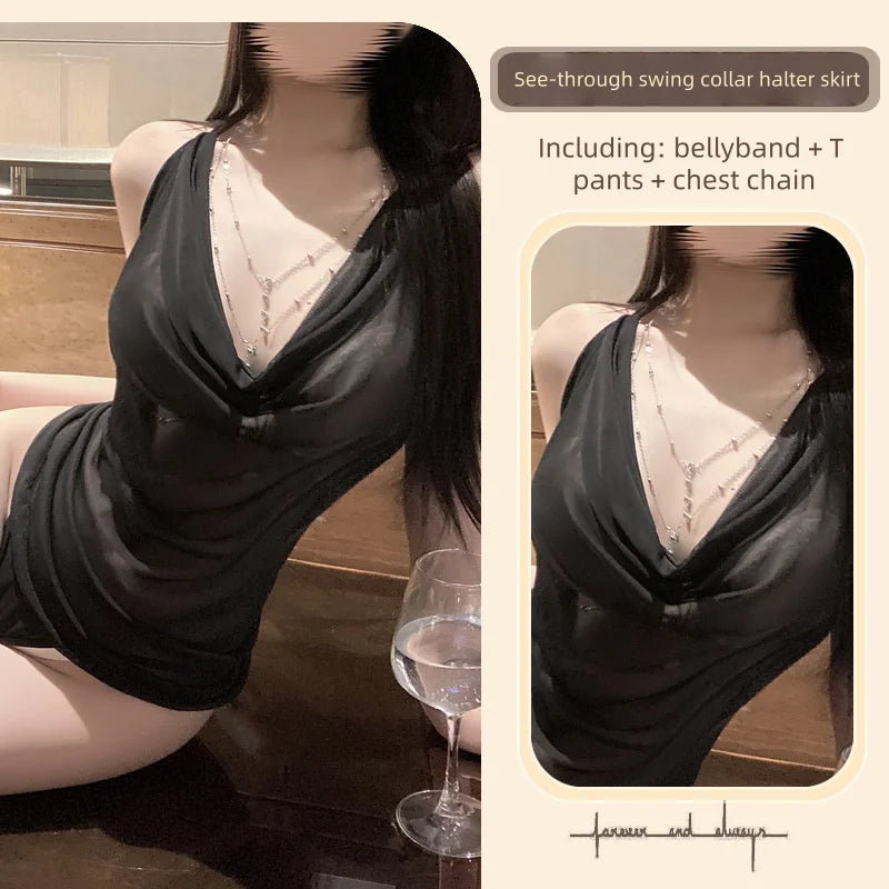 Pure Desire Halter Neck Mesh Swing Collar Beautiful Breasts Halter Sexy Nightdress Sexy Temptation Mesh See-through Pajamas