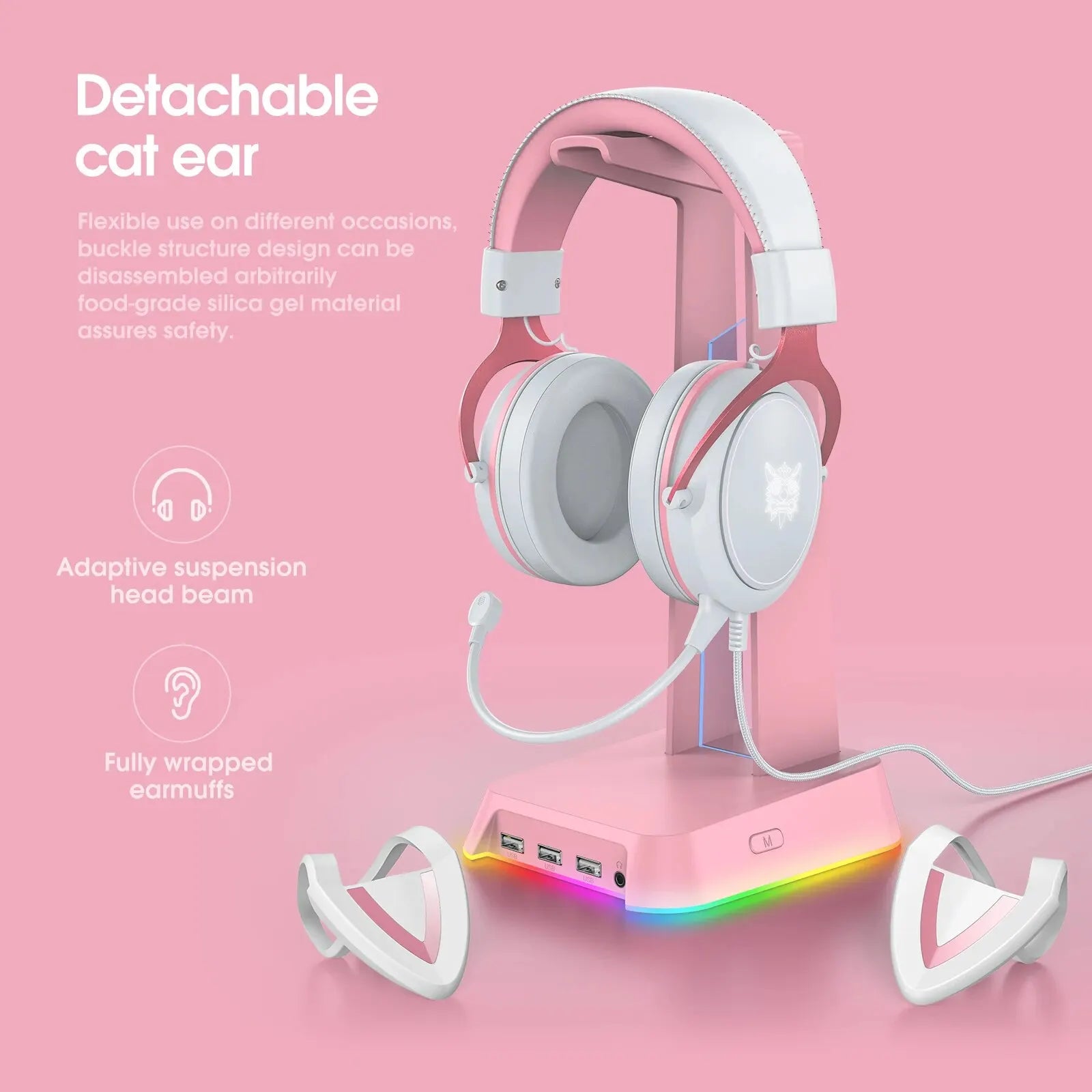 ONIKUMA X10 Gaming Headphones with Detachable Cute Cat Ear RBG Lighting Gaming Headset Gamer Earphone with HD Mic for PC Gaming