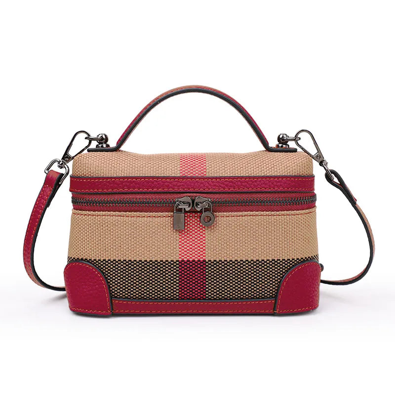 Aidrani  New women's shoulder crossbody mini bag, plaid small square bag, made of canvas and cowhide material