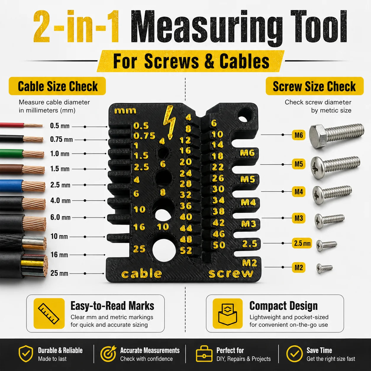 Screw & Cable Size Gauge, Metric Thread Measuring Tool for M2-M6 Screws & Wire Cables, Compact DIY Toolbox Tool