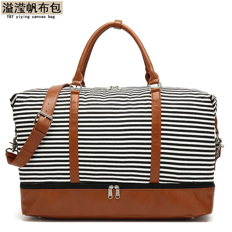 Fashionable Striped Canvas Travel Bag Waterproof Handheld Luggage PU Sports Bag Storage Wet And Dry Separation Bag Leisure Tr...
