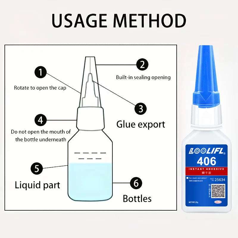 406 Super Glue Instant Cyanoacrylate Adhesive Strong Bond for Plastic Rubber Metal Wood Ceramic Fast Drying Clear Repair Glue