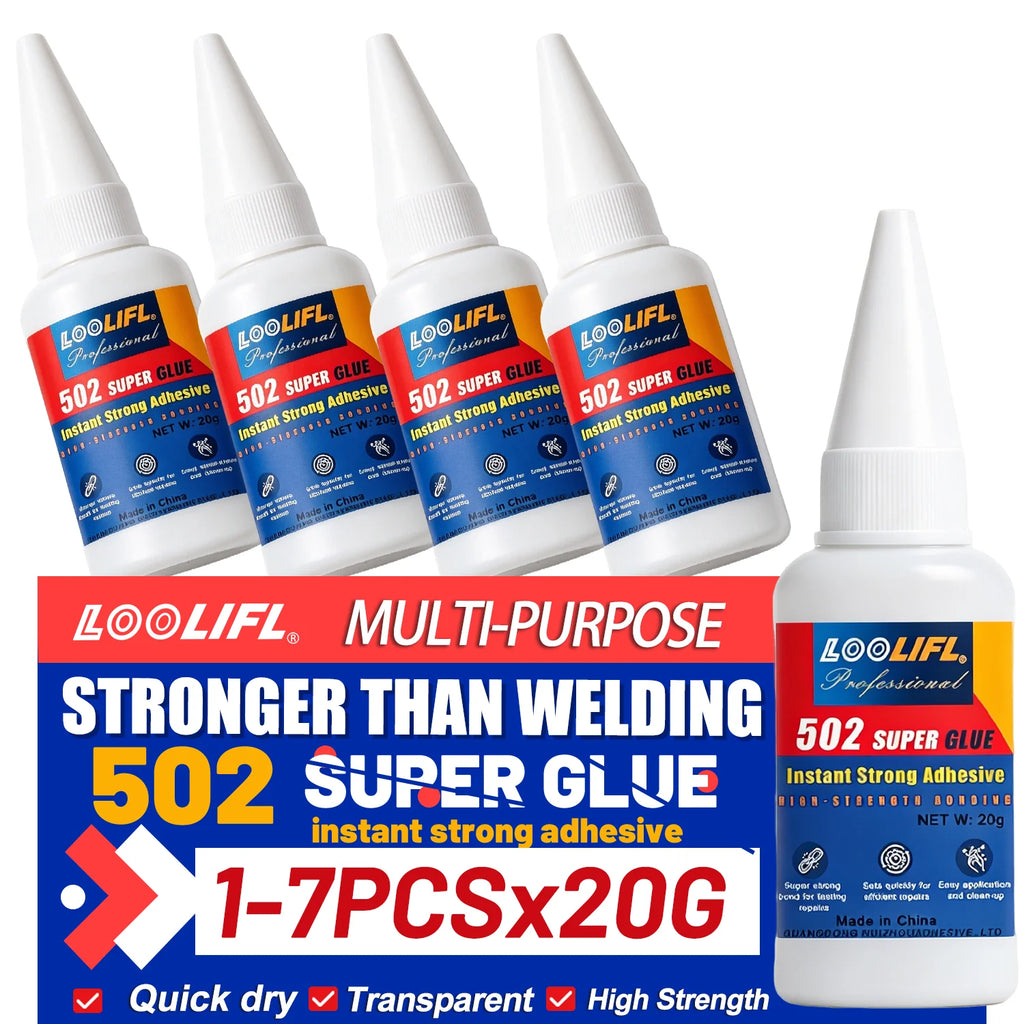 LOOLIFL 1-7pcs 502 Super Glue Quick-drying Cyanoacrylate Instant Adhesive for Glass Wood Metal Strong Bond Liquid Glue Tool 20G
