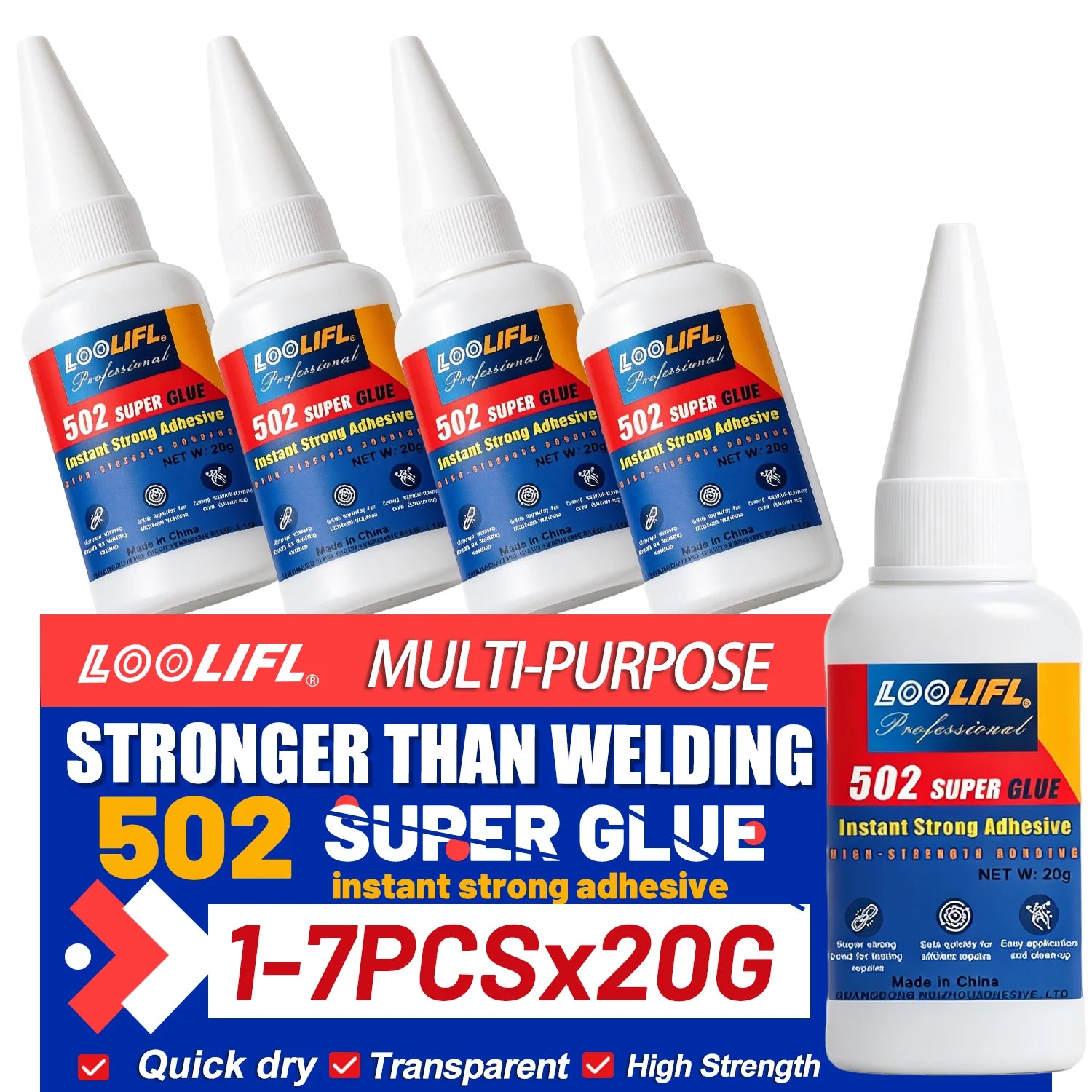 LOOLIFL 1-7pcs 502 Super Glue Quick-drying Cyanoacrylate Instant Adhesive for Glass Wood Metal Strong Bond Liquid Glue Tool 20G