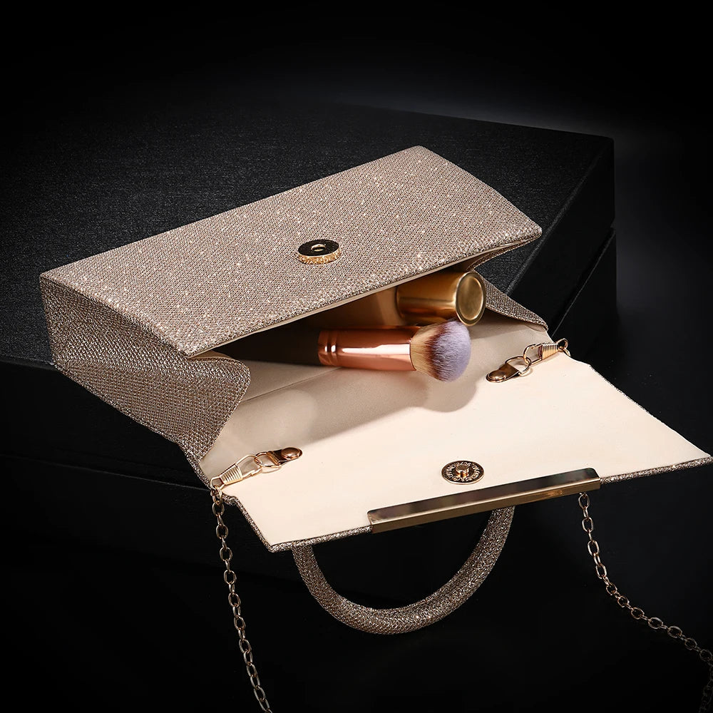 New Flash Powder Evening Bag - High-end metallic strip handbag for wedding banquet and party Bridal dress handbag for the bride