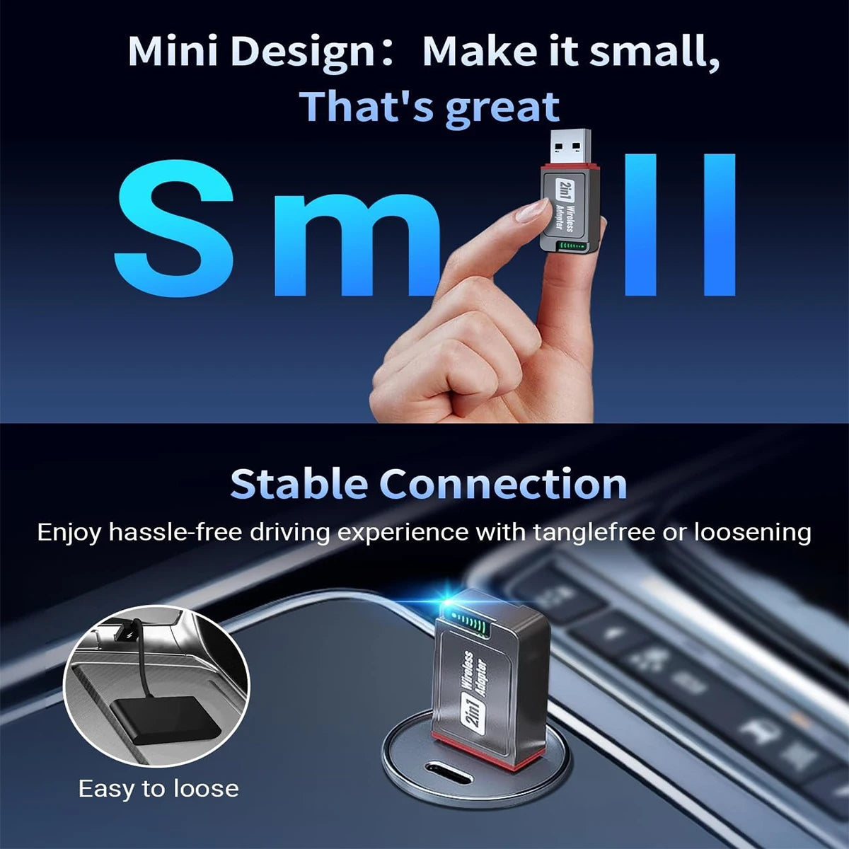 2-in-1 Wireless CarPlay Adapter for Apple CarPlay & Android Auto, Mini Bluetooth USB A & USB C Dongle Convert Wired to Wireless
