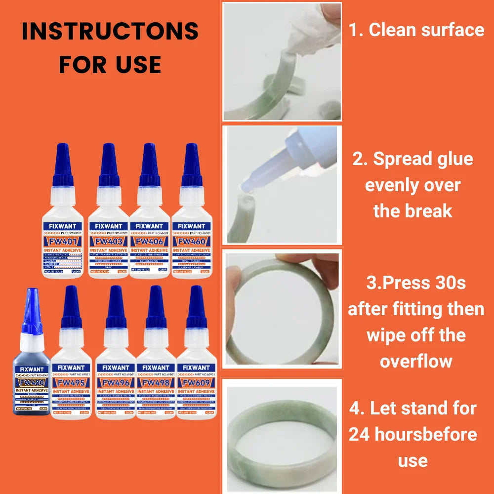 Instant Adhesive FW401/ 403/ 406/ 454/ 460/ 480/ 495/ 496/ 498/ 609 Super Glue Extra Strong Multi-purpose Cyanoacrylate