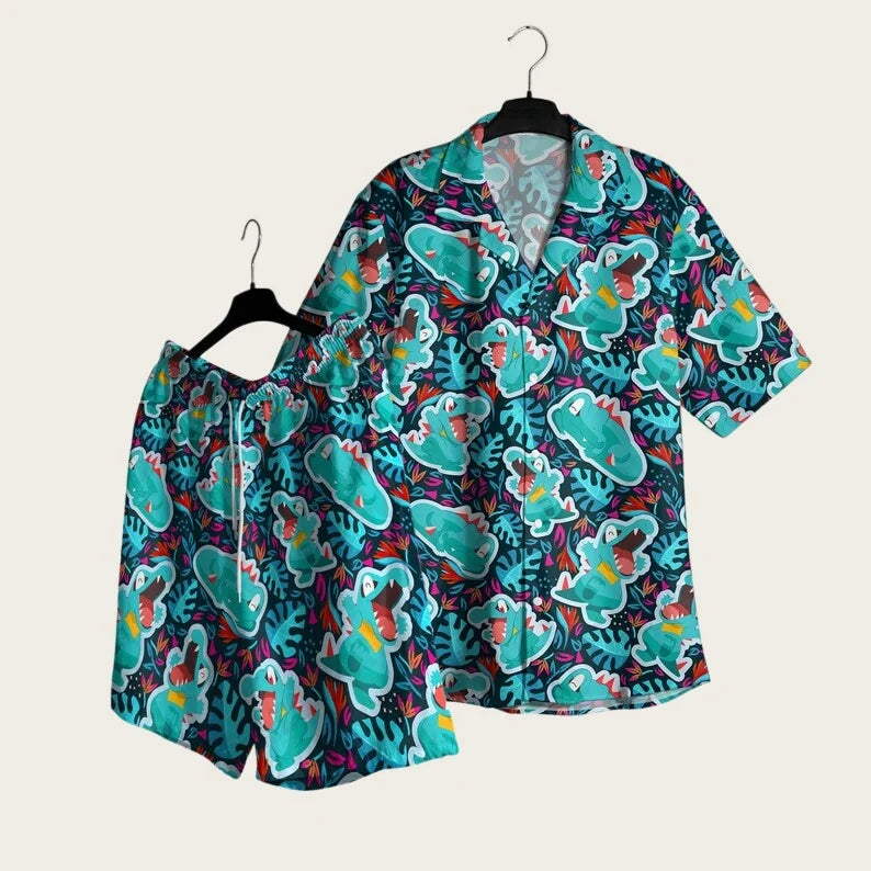 Summer Fashion Men's Totodile Printed Hawaiian Shirt Shorts Set Home Leisure Loose Style Anime Pajama T-shirt Shorts Two Piece