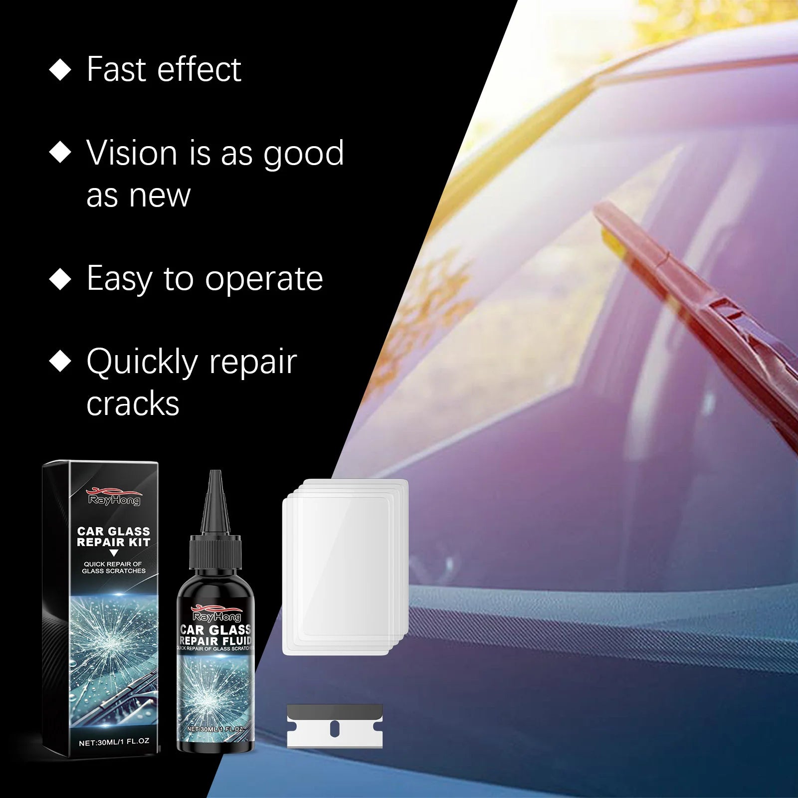 Windshield Repair Kit Car Glass Crack Fix Liquid UV Resin DIY Windshield Chip Repair Tool for Cracked Window Repair 30ml Carcare