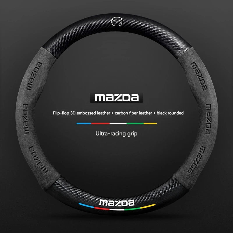 For Mazda 3 5 6 SKYACTIV Axela Atenza CX30 CX5 CX8 CX9 MX5 RX8 RX7 BT50 Carbon fiber Suede Car Steering Wheel Cover Accessories