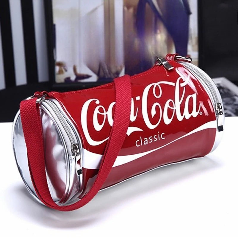 New Y2K Classic Print Barrel Crossbody Bag Women Fashion PVC Transparent Shoulder Bag Funny Soda Can Shape Purse Fast Shipment