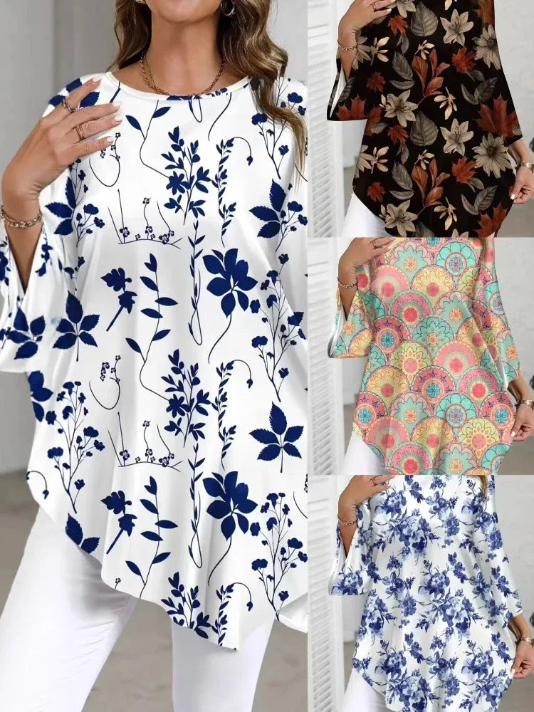 New Round Neck Plant Floral Seven Quarter Sleeved Top Loose and Elegant Plus Size Temperament Short Sleeved T-shirt  Commute