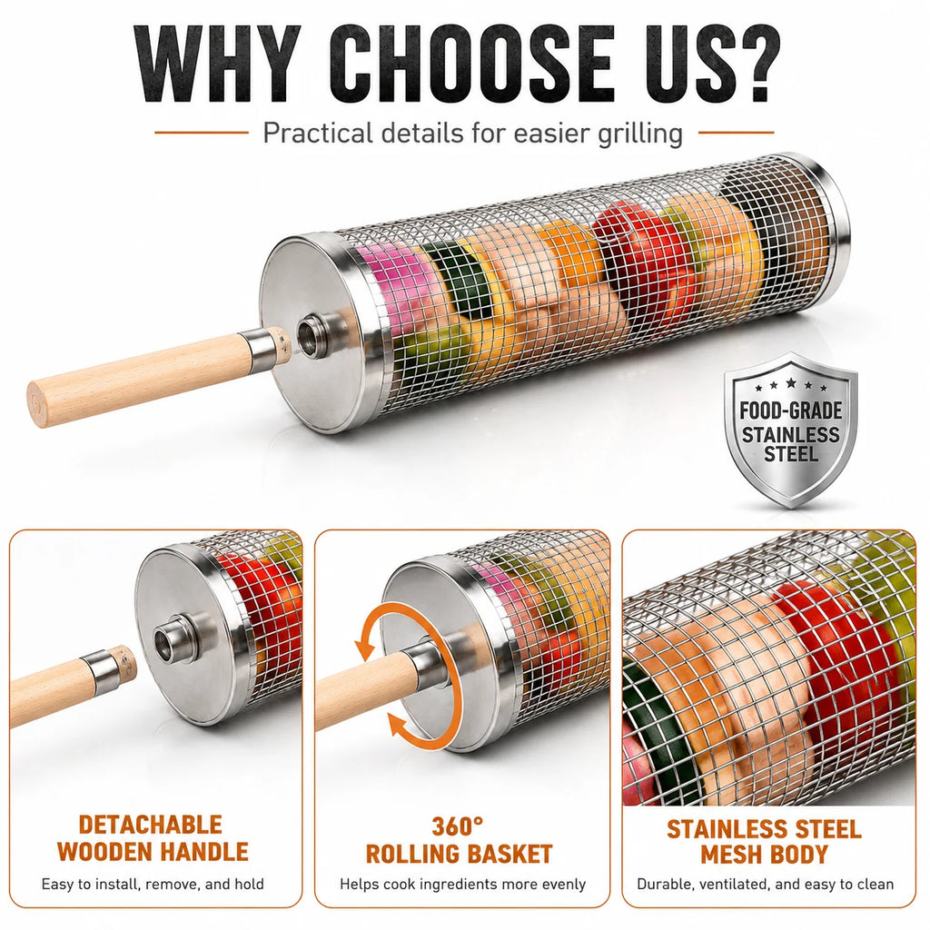 Uwhise Rolling BBQ Grill Basket Stainless Steel Cylinder Grill Tube For Outdoor Camping Veggie Meat Mesh Tools Detachable Handle