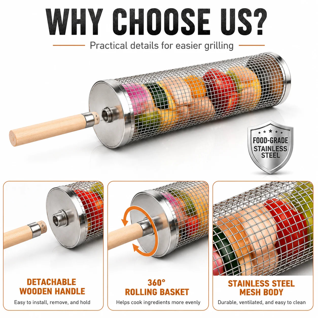 Uwhise Rolling BBQ Grill Basket Stainless Steel Cylinder Grill Tube For Outdoor Camping Veggie Meat Mesh Tools Detachable Handle
