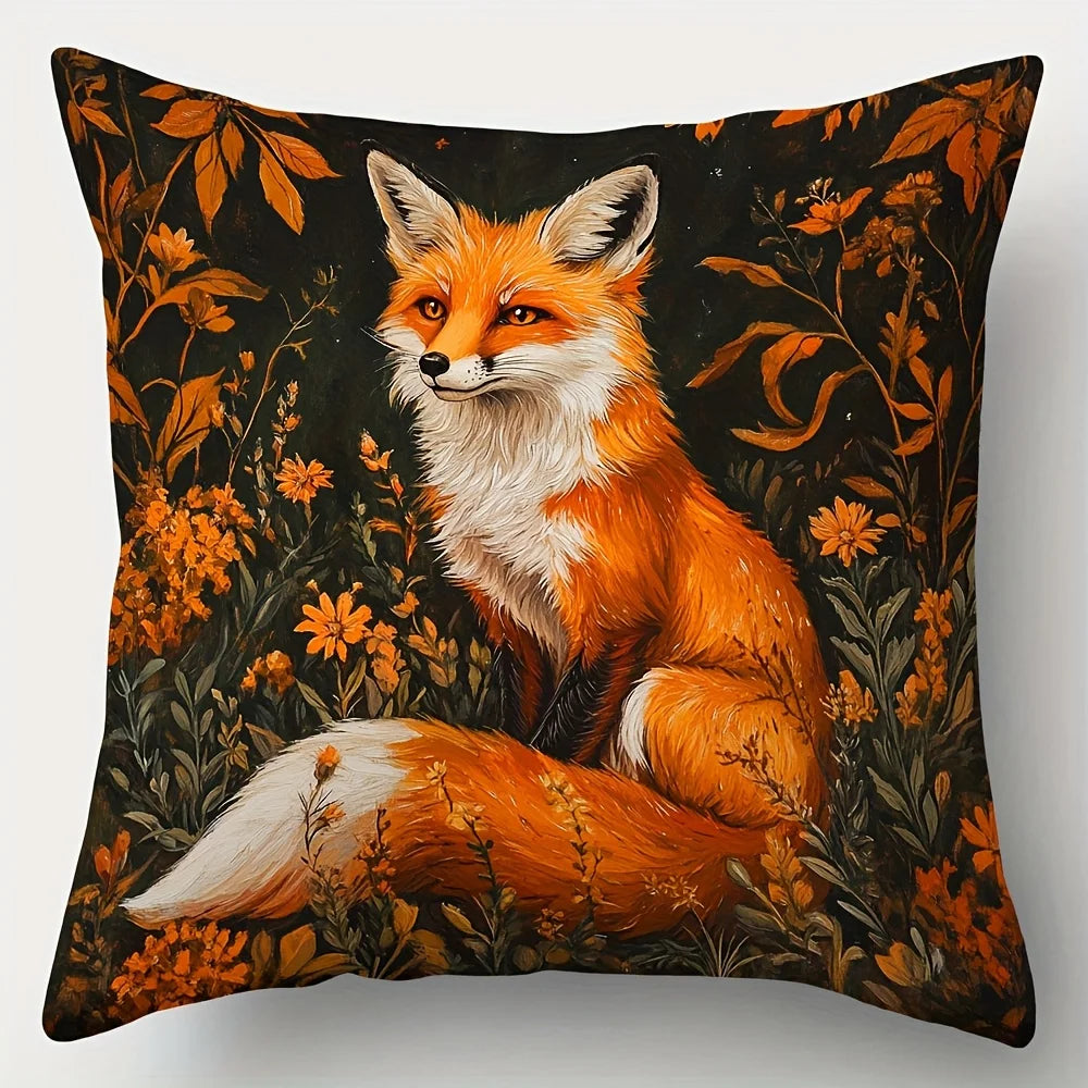 4-Piece Printed Animal Pillowcase Set – Vintage Nature Style with Deer, Squirrels, Foxes, Rabbits, Flora & Berries