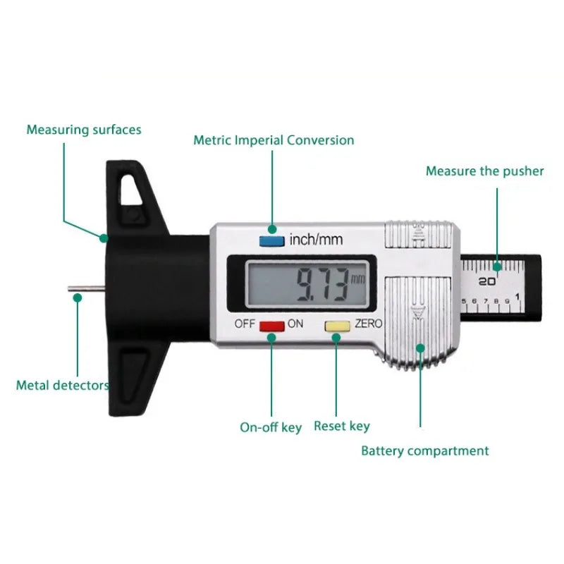 Digital Car Tyre Tire Tread Depth Gauge Meter Measurer Tool Caliper Thickness Gauges Tread Brake Pad Shoe Tire Monitoring System