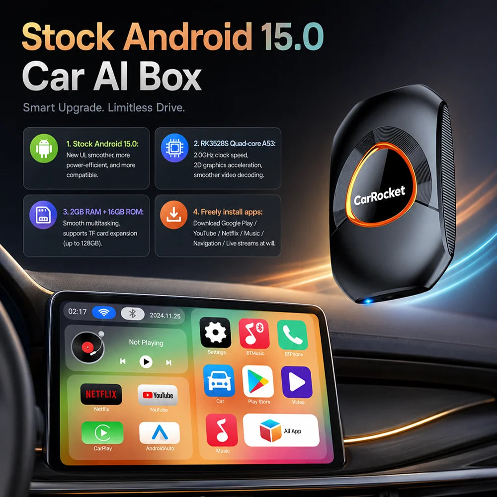 CarRocket Wireless CarPlay AI Box For Factory Wired CarPlay Cars Android 15.0 Android Auto Dual Band WiFi Bluetooth 5.2 Auto Con