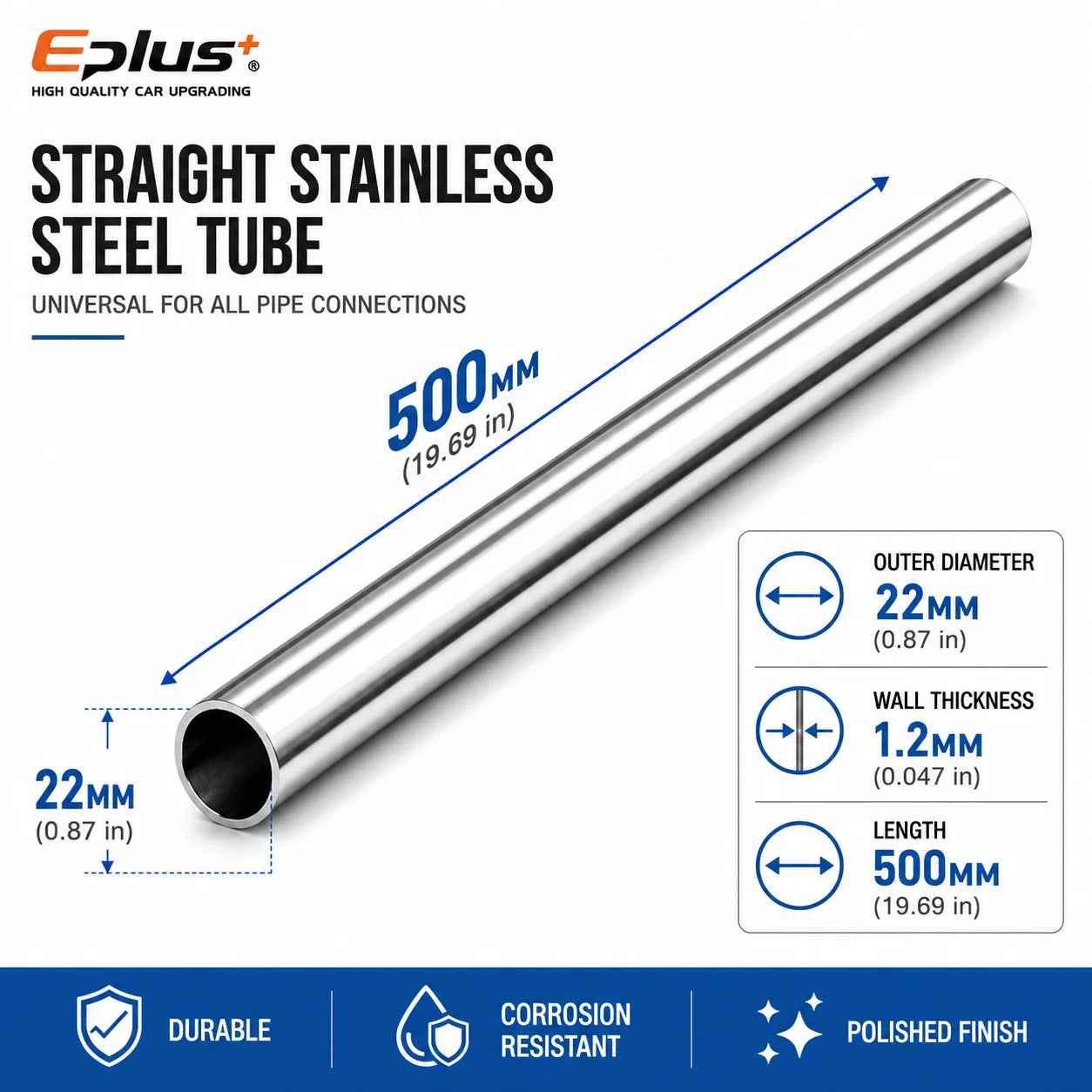 500mm Length 304 Stainless Steel Straight Pipe 1.2mm Thick Universal Round Tube OD 19-89mm for Connections metal tube Adapter