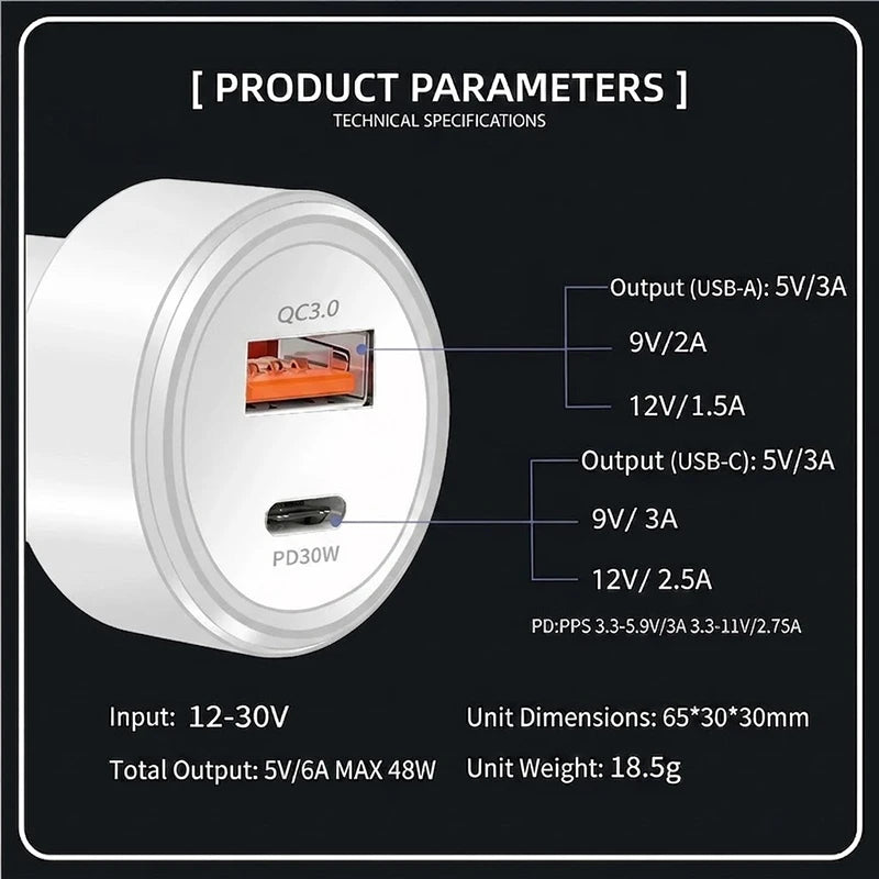 Type C Fast Car Charger 48W PD30W QC3.0 Dual USB Port Auto Adapter With Fire Retardant Shell For Smart Electronics For iPhone 17