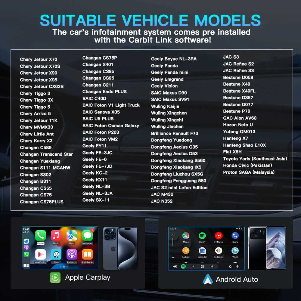 Carbitlink to Wireless CarPlay Android Auto adapter Smart Box ，Changan Deepal Tiggo Hongqi Chery Jetour Geely GWM Dongfeng GAC