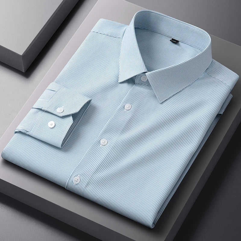 New Anti-Wrinkle Men Shirts Long Sleeves Dress Shirts For Men Slim Fit Camisa Social Business Blouse Plaid Striped Office Shirt