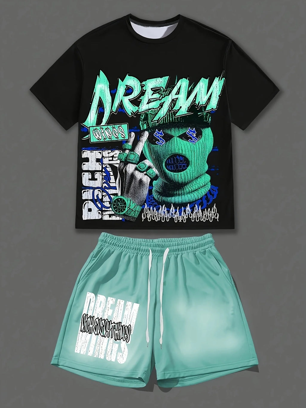 2026 Retro Y2K Ski Mask Graffiti Print Adult Men 2 Piece Tee Shorts Running Sports Casual Tracksuit Set