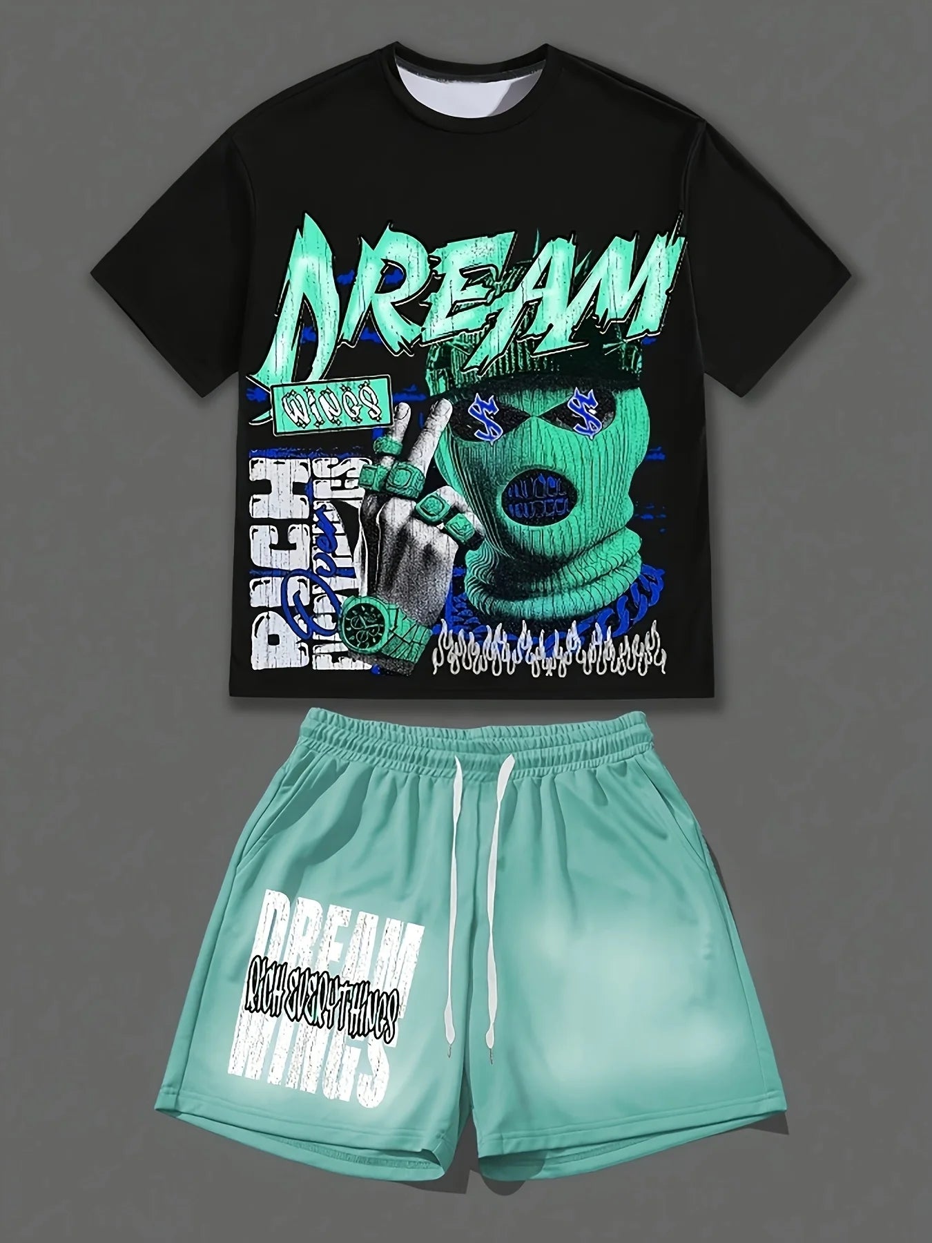 2026 Retro Y2K Ski Mask Graffiti Print Adult Men 2 Piece Tee Shorts Running Sports Casual Tracksuit Set