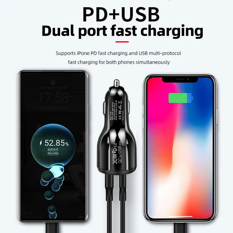 30W Car Charger Dual Port PD QC 5.0 USB Adapter Blue LED Glow Stable Metal Shrapnel Design For Smart Phones and Dash Cams