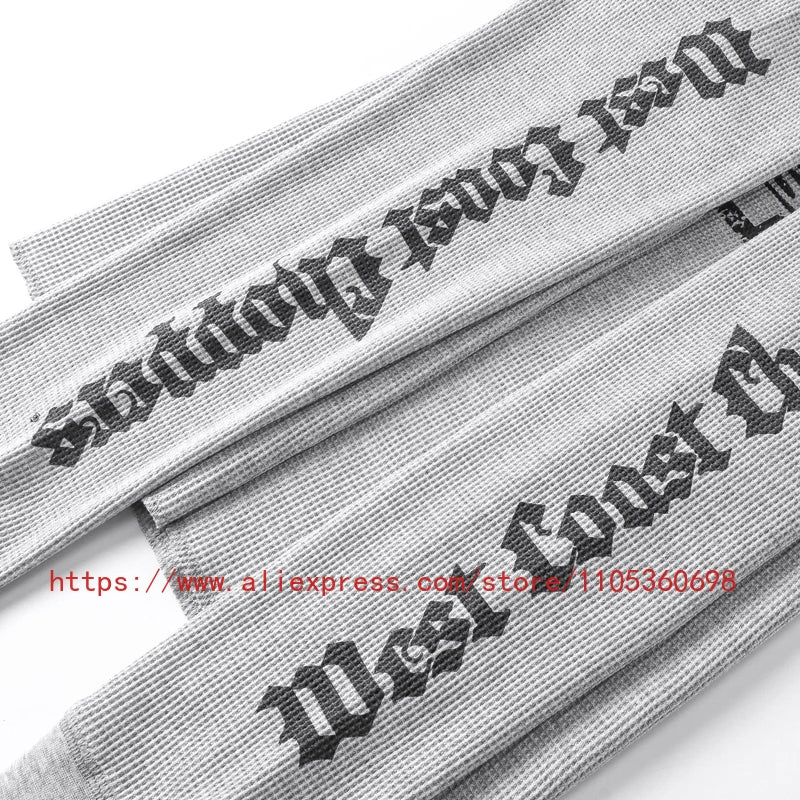 Men's Women's Casual Wear Vintage Style Gothic Font West Coast Long Sleeve Heavyweight Waffle Fabric Unisex High Street Top